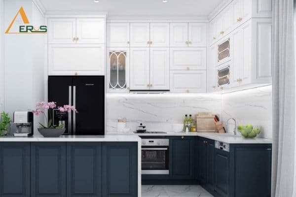 Hình ảnh dự án Phong Cách Tủ Bếp Tân Cổ Điển - Xu Hướng Thiết Kế Gian Bếp Đẹp. Phong cách tủ bếp tân cổ điển được ưa chuộng bởi sự tinh tế, nhưng không kém phần sang trọng và đẳng cấp. Cùng AEROS khám phá những mẫu tủ bếp cho không gian bếp đẹp, ấn tượng.