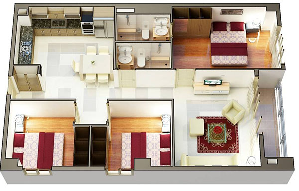 Thiết kế căn hộ chung cư 90m2 3 phòng ngủ vừa tiện nghi vừa hiện đại