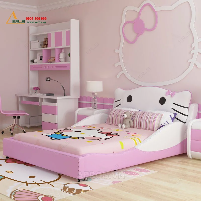 Phòng ngủ cho bé gái màu hồng chủ đạo, họa tiết hello kitty