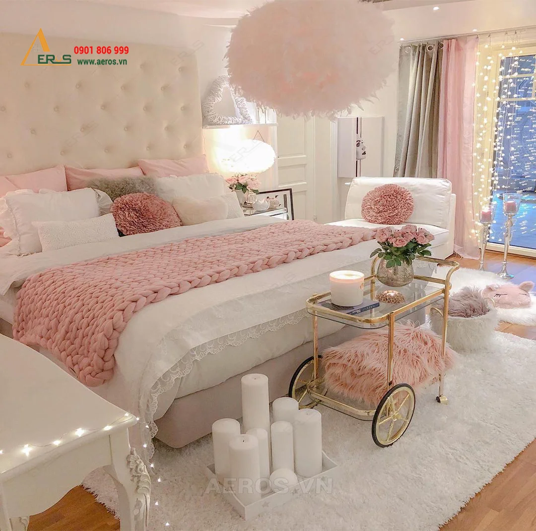 Phòng ngủ màu hồng dễ thương cho nữ