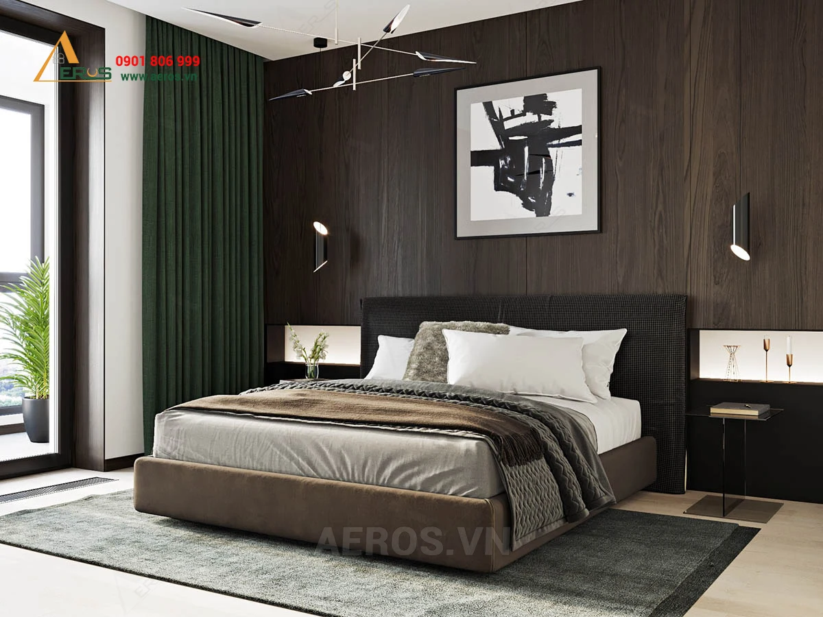 thiết kế nội thất phòng ngủ bằng gỗ óc chó