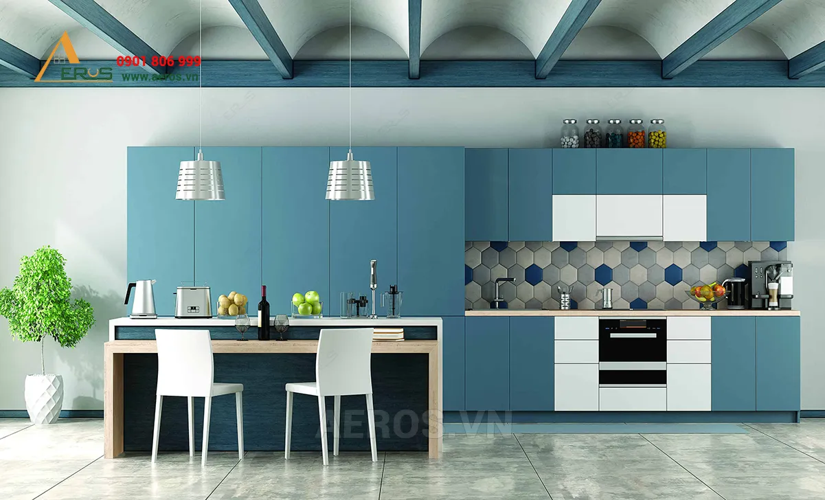 Tủ bếp chữ I màu xanh mang lại không giang thoáng mát cho căn bếp 