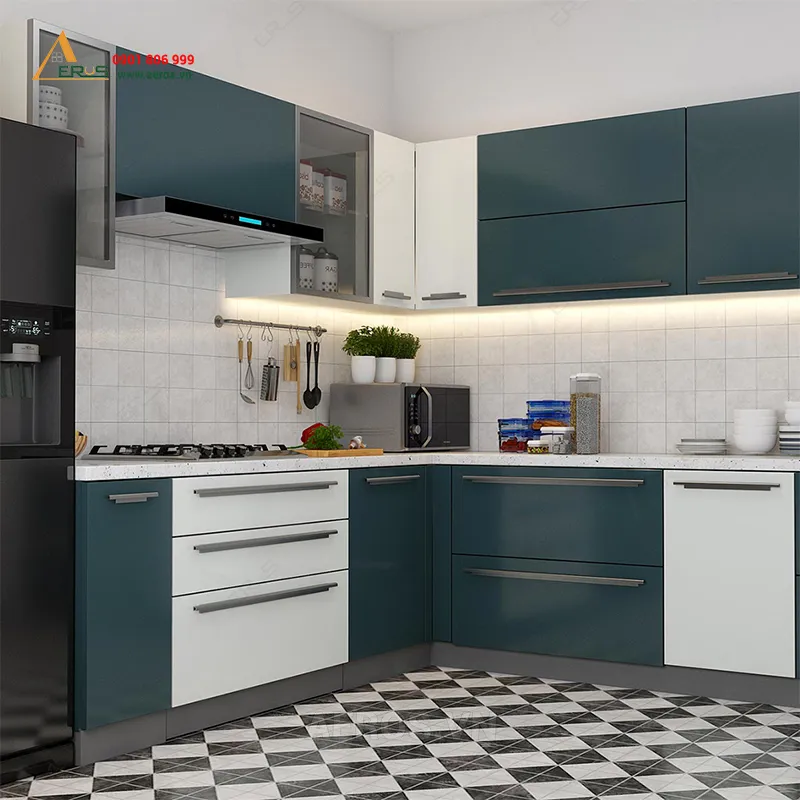 Tủ bếp trong không gian nhỏ với màu sắc tươi sáng