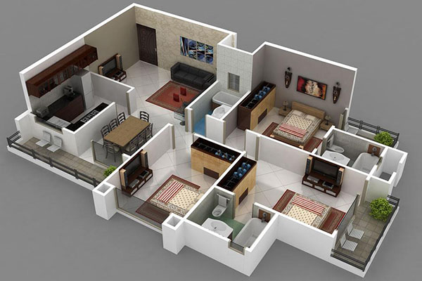 Thiết kế căn hộ 100m2 3 phòng ngủ