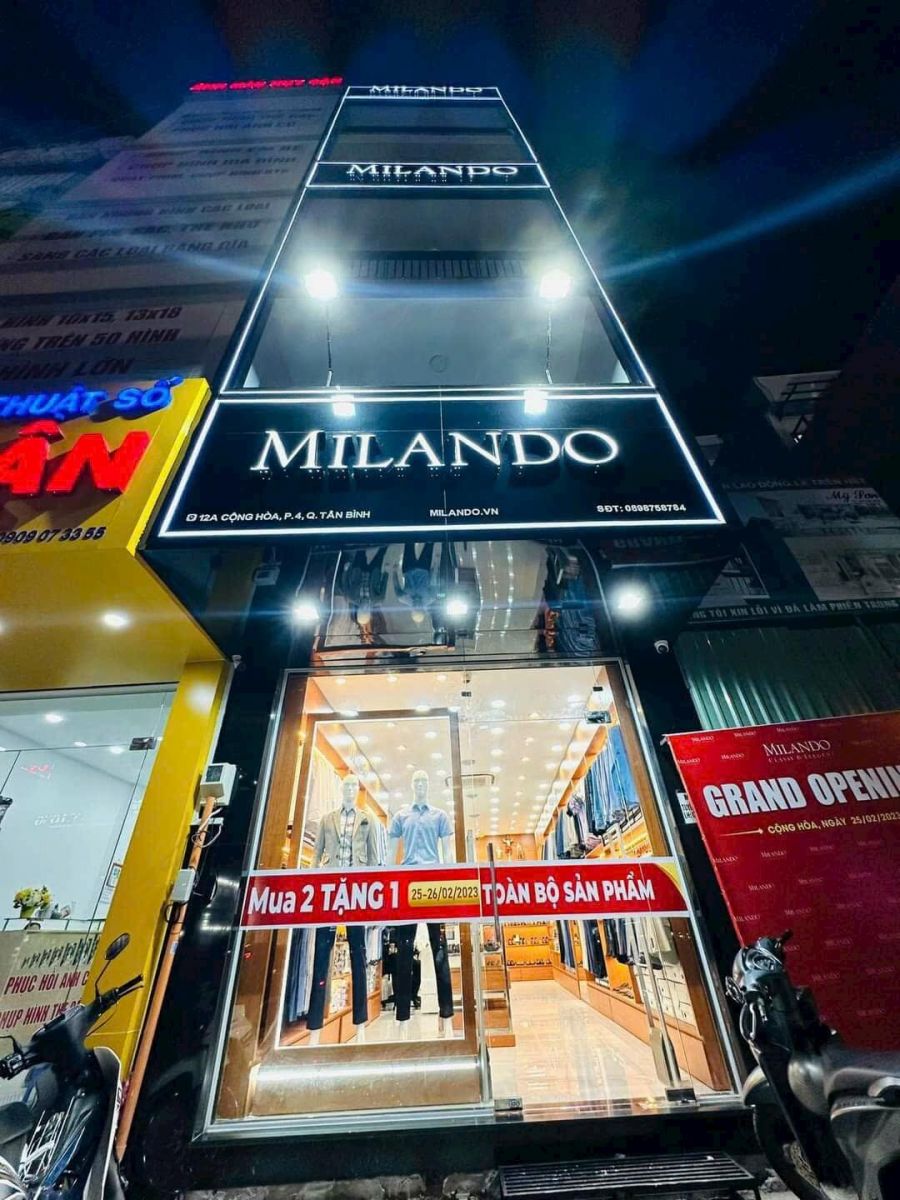 Hình ảnh thi công bảng hiệu shop thời trang MILANDO chi nhánh Cộng Hòa