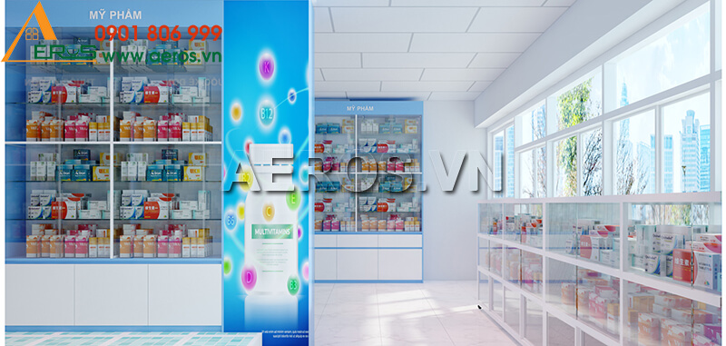 Hình ảnh thiết kế thi công tủ quầy nhôm kính nhà thuốc tây anh Thanh tại Long An