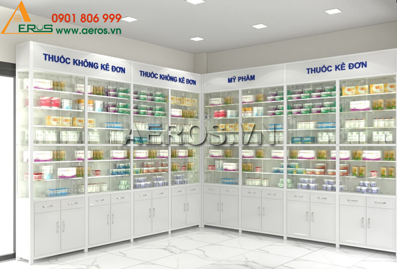 Hình ảnh thiết kế tổng thể tủ quầy nhà thuốc nhôm kính Minh Thư tại Bến Lức, Long An